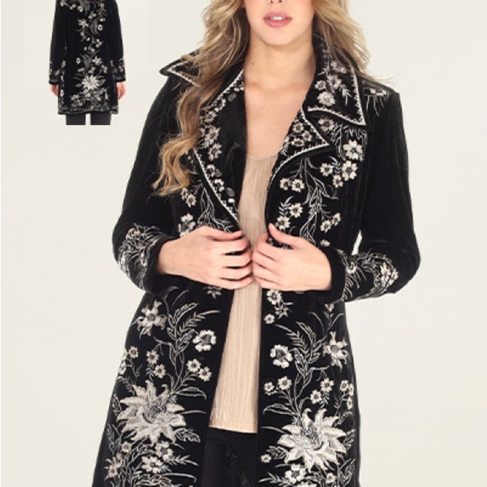 Velvet  Black Floral Embroidered Coat